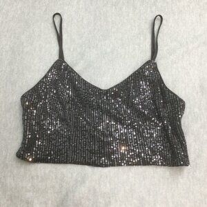 Lulus Top Large Sleeveless Crop Black Sequins Dressy Spaghetti Party NEW